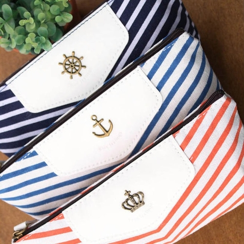 Creative Navy Canvas Pencil Bag Students Stripped