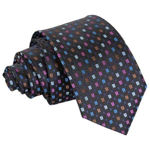 Bohemian Geometric Slim Tie - Black with Blue and Pink