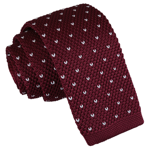 Flecked V Polka Dot Knitted Skinny Tie - Burgundy