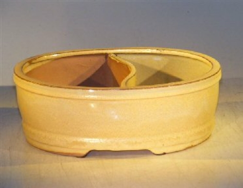 Beige Ceramic Bonsai Pot - Oval Land/Water Divider12" x 9.5" x 4"