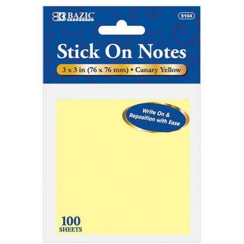 Bazic 5104   100 Ct. 3" X 3" Yellow Stick On Notes    Case o