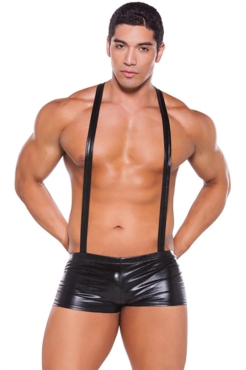 Wet Look Suspender Shorts - One Size - Black