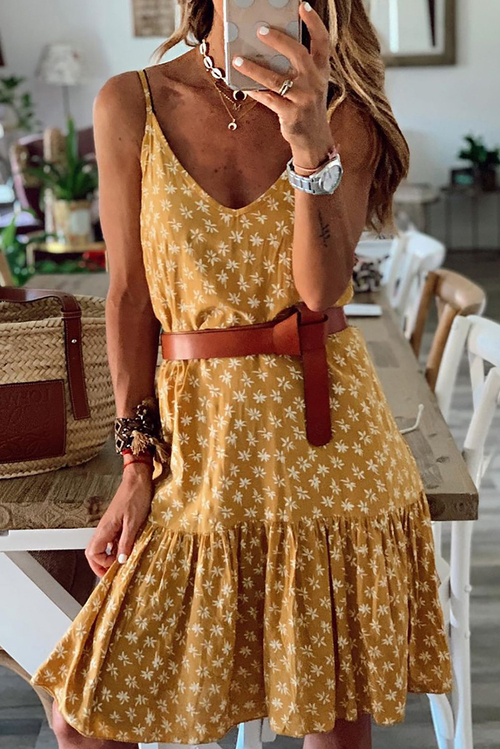 Yellow Spaghetti Straps Floral Dress