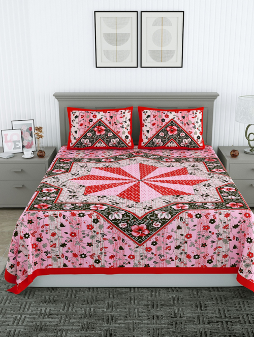 Print Double Bedsheet With Two Pillow Covers(pink)