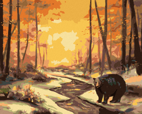 Zuty - Paint by Numbers - BEAR BY THE RIVER IN WINTER AND THE SUNSET