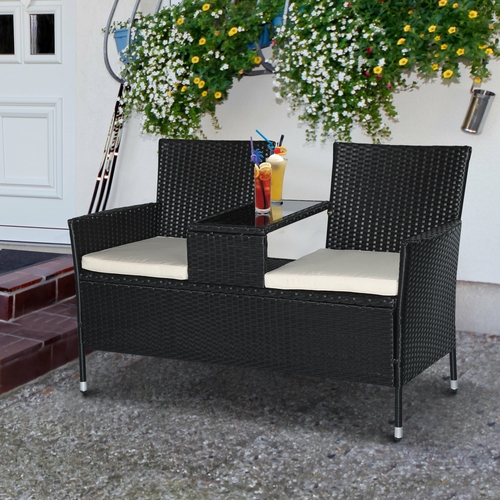 Outsunny 2 Seat Rattan Wicker Chair Bench with Tea Table All Weather