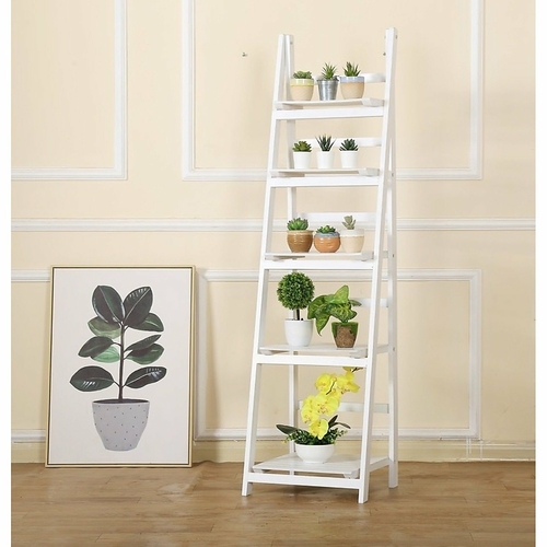 5 Tier Wooden Ladder Shelf Stand Storage Book Display Rack - White