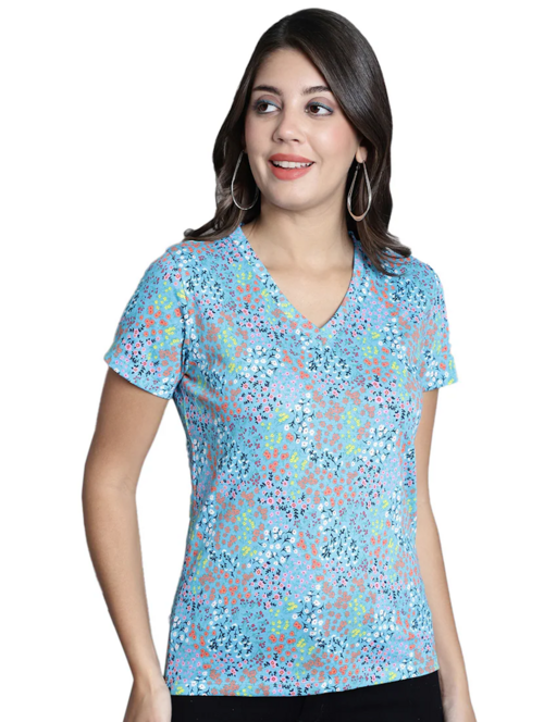 Women's All Over Print V Neck T-Shirt(SizeXL)(ColorLight blue)