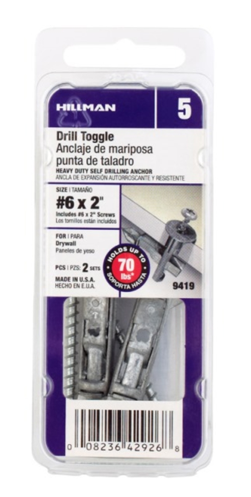 Hillman 9419 6 x 2 in. Drill Toggle Bolt- pack of 6
