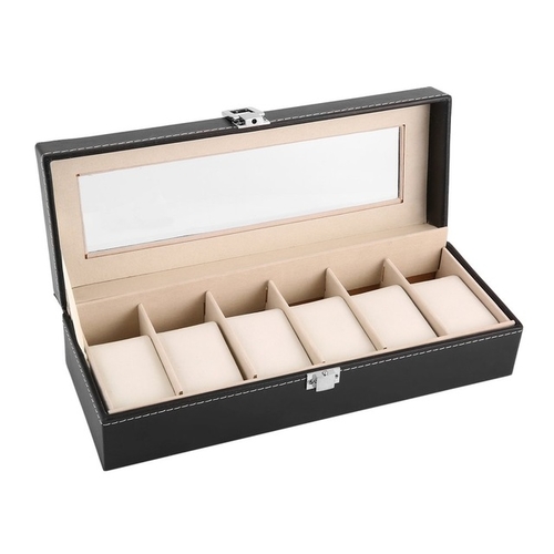 6 Grid Black PU Leather Watch Box Refinement