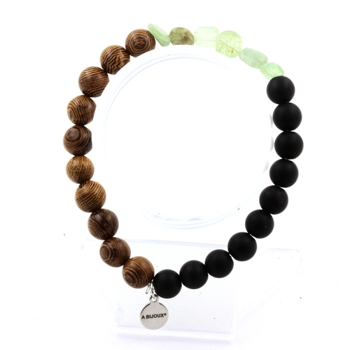 Green Kyanite + Matte Black Onyx + wood Bracelet 8 mm Beads.