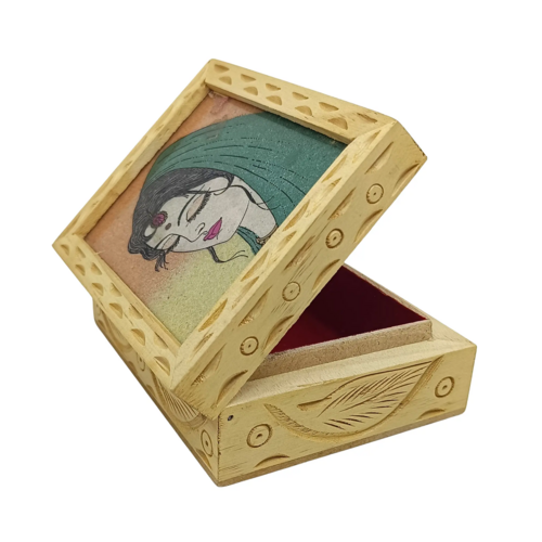 Handmade Wooden Triangle Pen Stand with 3 Sides Gemstone Paintings