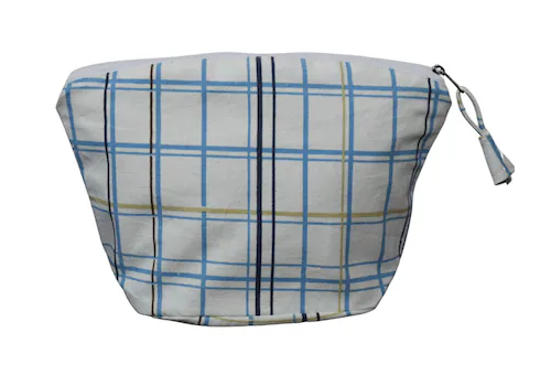 Canvas Blue Check Printed Travel Pouch For Unisex
