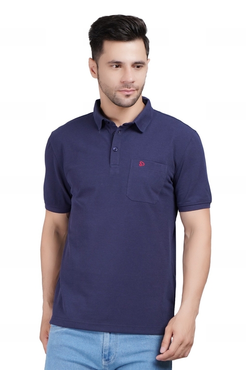 Men Solid Polo Neck Cotton Navy Blue T-Shirt (Size M)