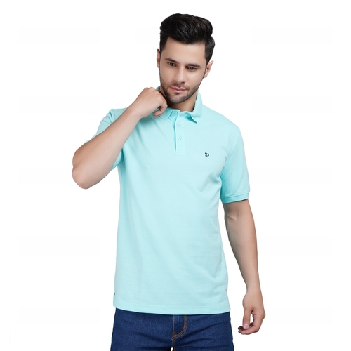 Men Solid Polo Neck Cotton Sea Blue T-Shirt (Size L)