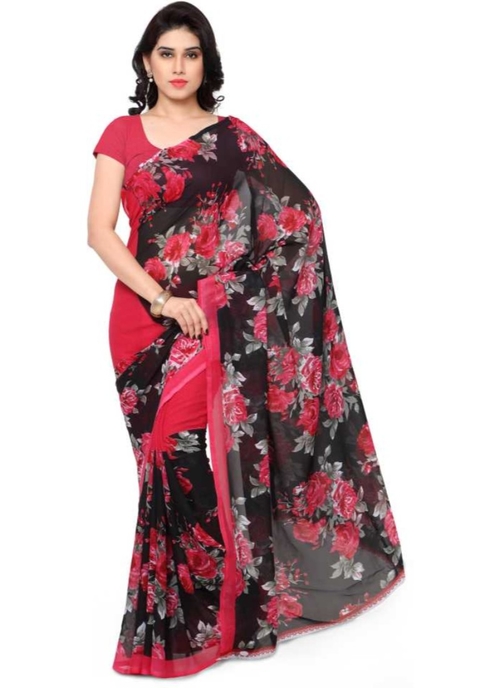 Printed Faux Georgette Pink Color Saree