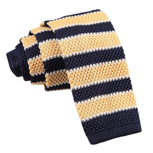 Knitted Stripe with 2 Borders Skinny Tie - Knitted Pale Yellow, Navy