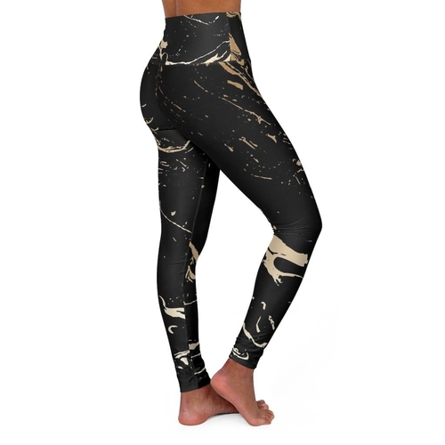 High Waisted Yoga Pants - Black and Gold Swirl Style Sports Pants