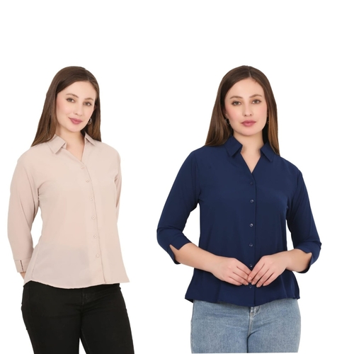 Womens Solid Formal Shirt PACK OF 2 BEIGE AND BLUE  M