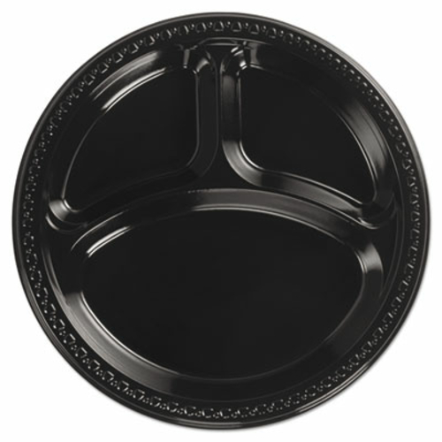 Huh 81430 Heavyweight Plastic 3 Compartment Plates, Black
