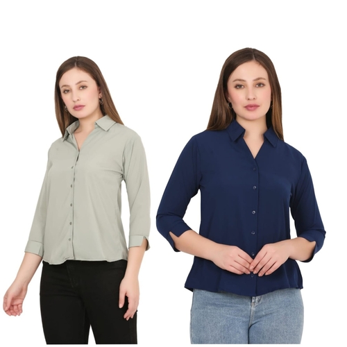 Womens Solid Formal Shirt PACK OF 2 GREEN AND NAVY BLUE  L