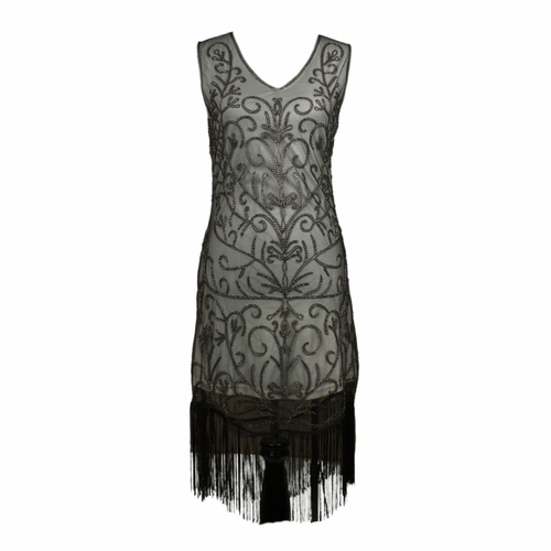 Western Fashion 2520-M Flapper Dress with Fringes, Black - Medium