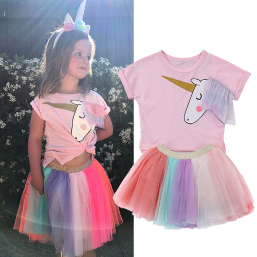 Toddler Kids Baby Girls Unicorn T shirt Top  Lace