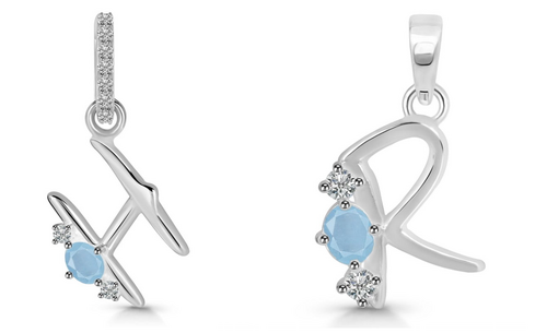 Aquamarine White Topaz Alphabet H Pendant & R Pendant Pack of 2