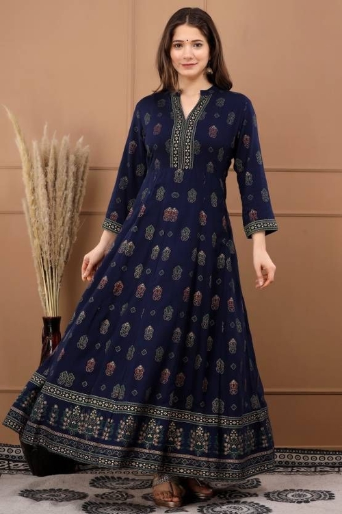 Rayon Blend Stitched Anarkali Gown SIZE-L COLOR-DARK BLUE