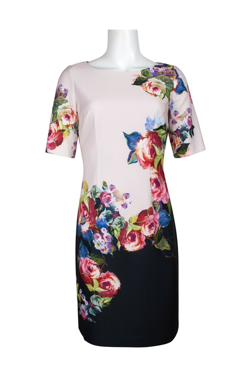 Adrianna Papell Bout Neck Short Sleeve Bodycon Zipper Back Floral