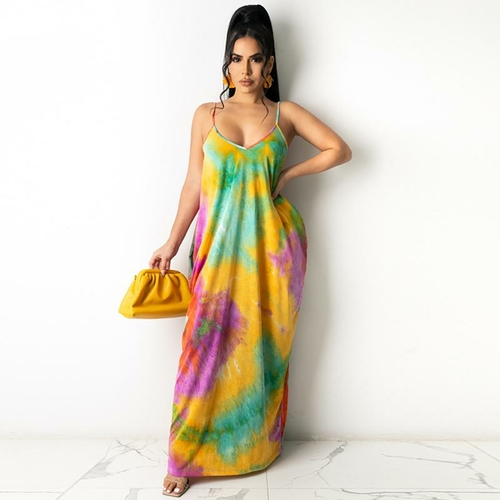 Tie dye print 2025 spaghetti strap maxi dress