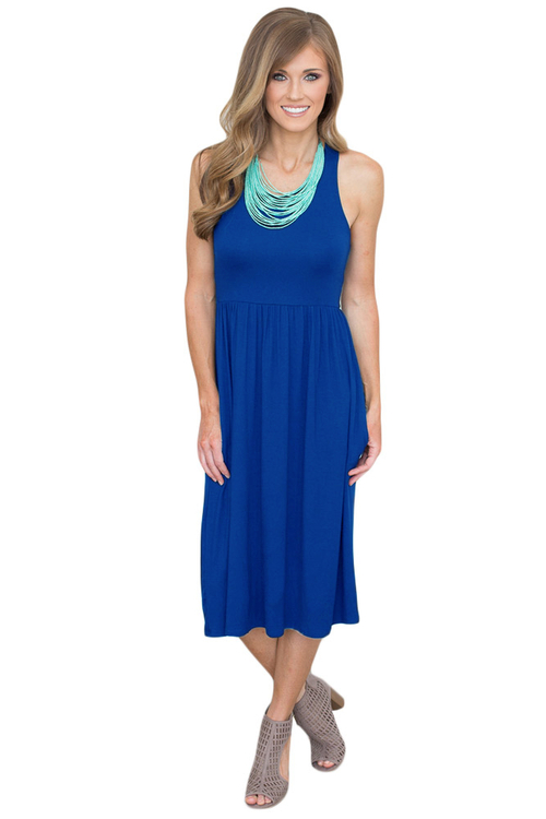 Solid Racerback Midi Jersey Dress in Blue