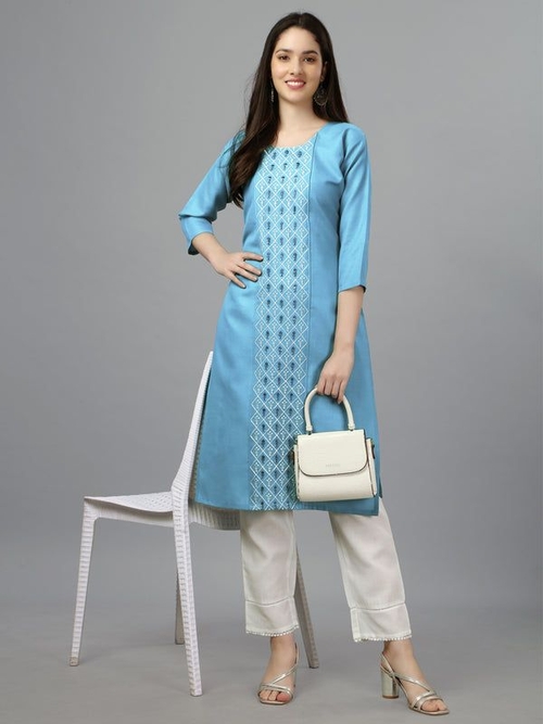Women Embroidered Cotton Blend Formal Straight Kurti (Size-36)