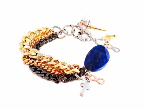 Handmade lapis lazuli cuff bracelet and gold chains, rhinestones, gold