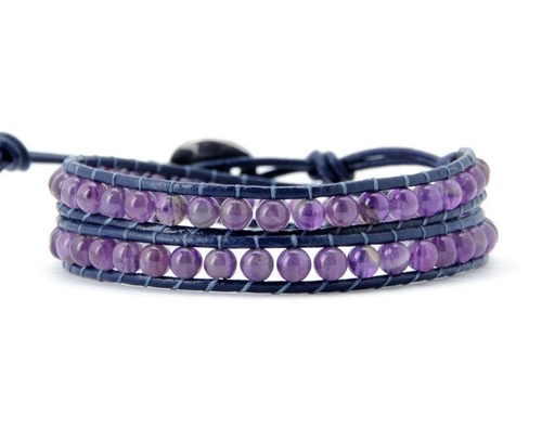Natural Purple Crystal 2 Strands Leather Wrap