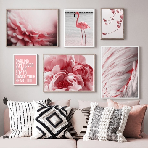 Peony Flower Flamingo Feather Sea Wall Art Canvas