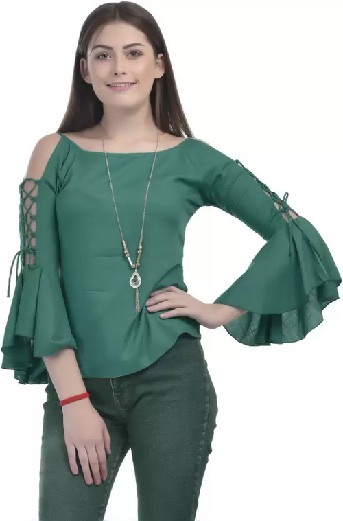 Casual Cold Shoulder Bell Sleeves Solid Women Top (Size-L) GREEN)