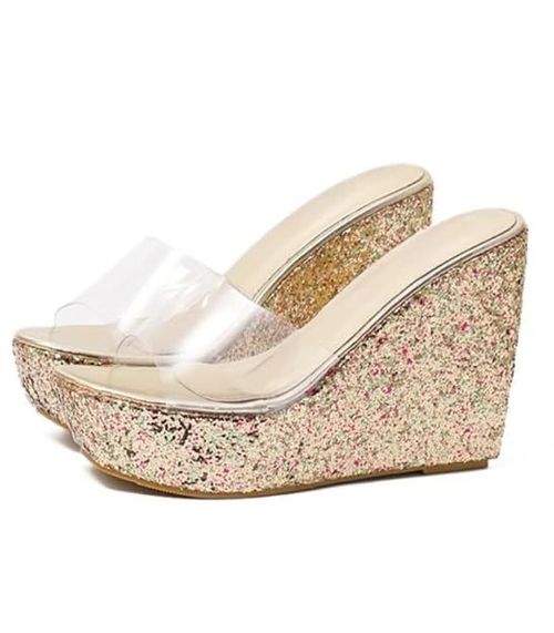 Waterproof Gold Glitter Design Open Toe Wedge Sandals (Size-UK-8)