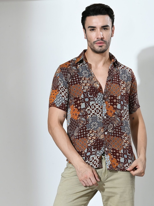 Paisley Printed Half Sleeves Casual Shirt (Size-XL) (Color-BROWN)