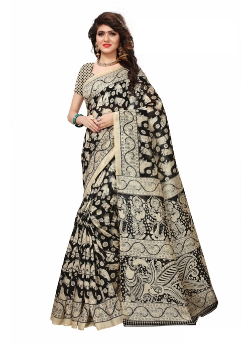 Black Color Printed Bhagalpuri Silk Saree With