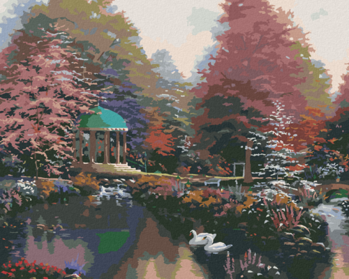 Zuty - Paint by Numbers - GAZEBO IN THE PARK AND A LAKE WITH SWANS