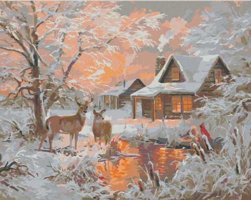 Paint by Numbers - DEER, POND, CARDINAL BIRD AND HUT IN WINTER