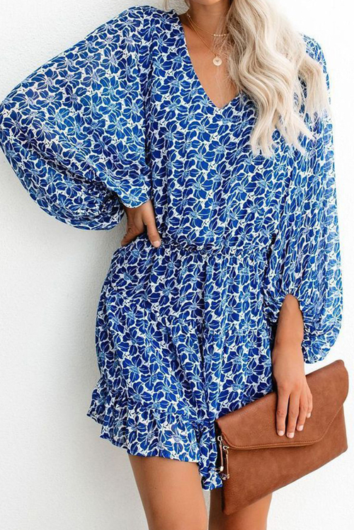 Blue V Neck Lantern Sleeves Floral Tunic Dress