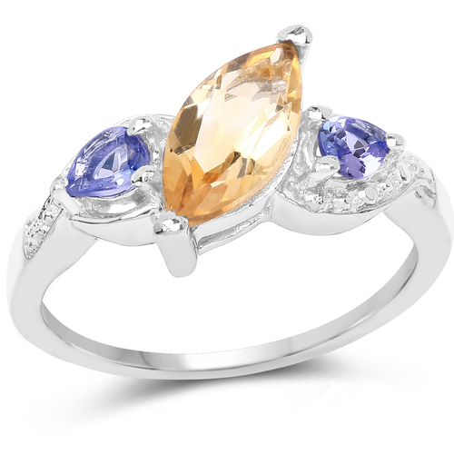 1.28 Carat Genuine Citrine and Tanzanite .925 Sterling Silver Ring