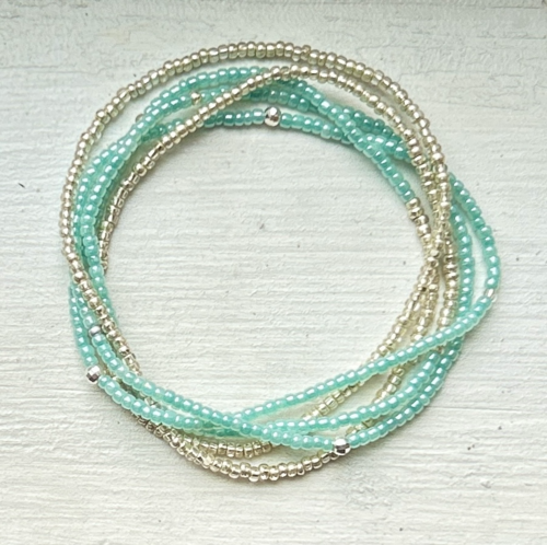 Pastel Mint Green Silver Lined Combo Beaded 5-Wrap Bracelet