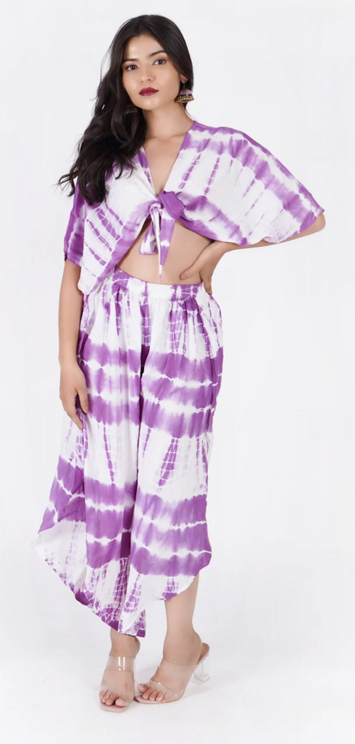 Women's Tie Dye Summer Two Piece Set Dress (Color Purple & White)