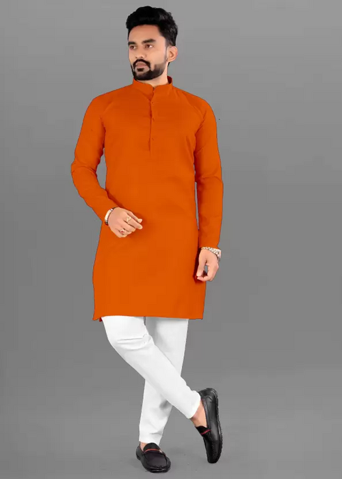 Men Solid Cotton Blend Straight Kurta  (Orange) (Size UK 38)
