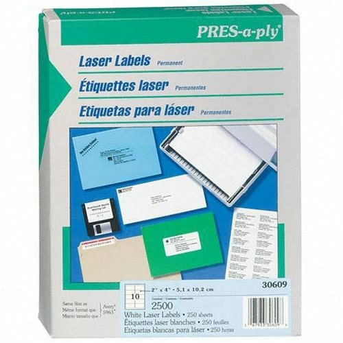 Avery 30609 Pres-A-Ply Laser Address Labels  2 x 4  White  2500/Box