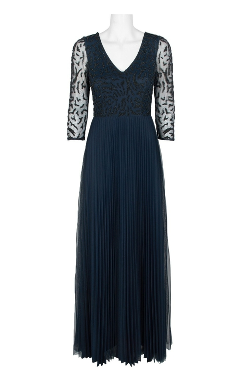 Adrianna Papell V-Neck Long Sleeve Illusion Embellished Pleated Zipper