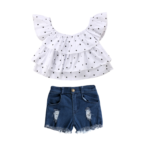 White Dot Off Shoulder Denim 2Pcs Newborn